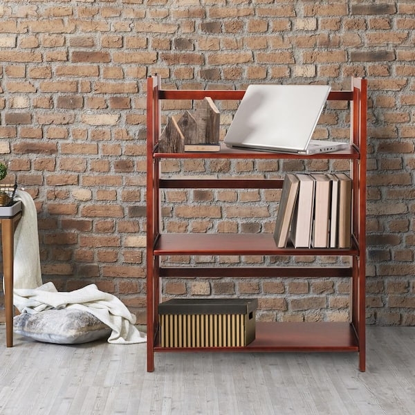 Folding Etagere Bookcase, 3-Tier Walnut Finish with Slatted Sides
