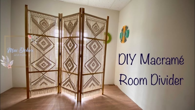 Folding Macrame Screen Geometric Diamond Wood Frame Fringe Detail