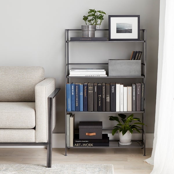 Folding Metal Bookcase with Pewter Mesh Shelves