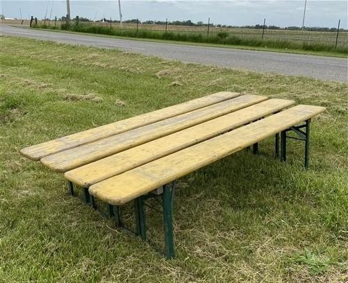 Folding Outdoor Bench Set, Weathered Yellow Wood, Vintage Style.