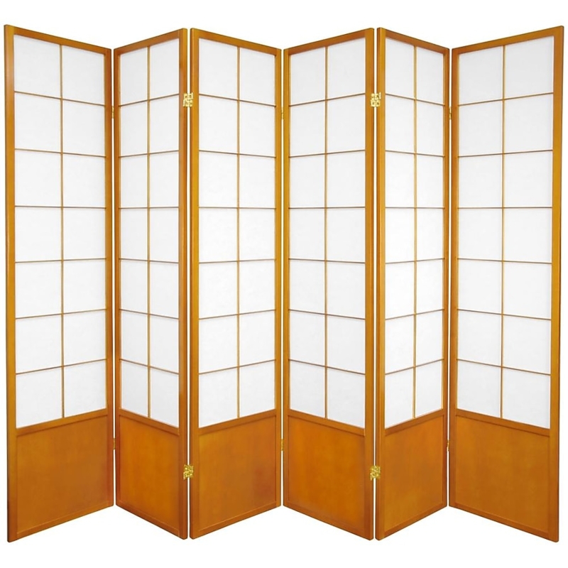 Folding Privacy Screen: 6-Panel Honey Wood Shoji Grid Partition