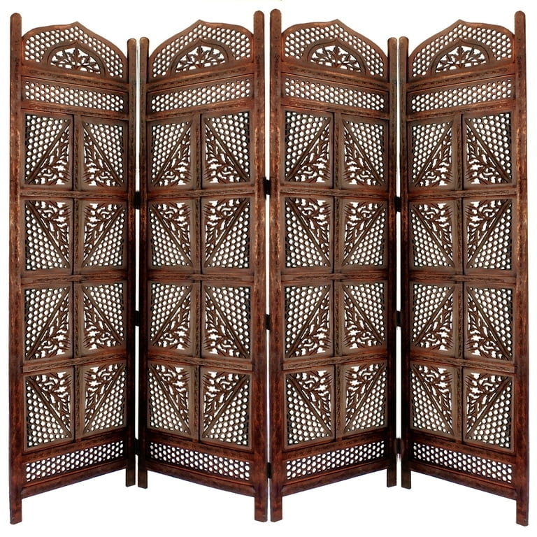 Folding Privacy Screen Antique Brown Floral Carved Wood