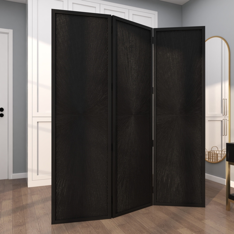 Folding Privacy Screen Sunburst Carved Wood Texture Three Panel
