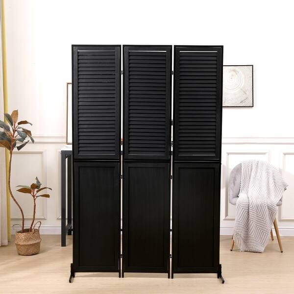 Folding Privacy Screen Three Panel Louvered Slats Solid Base Wood