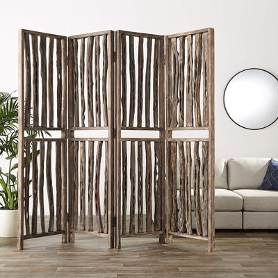Folding Privacy Screen with Rough-Hewn Wood Slats and Dark Finish