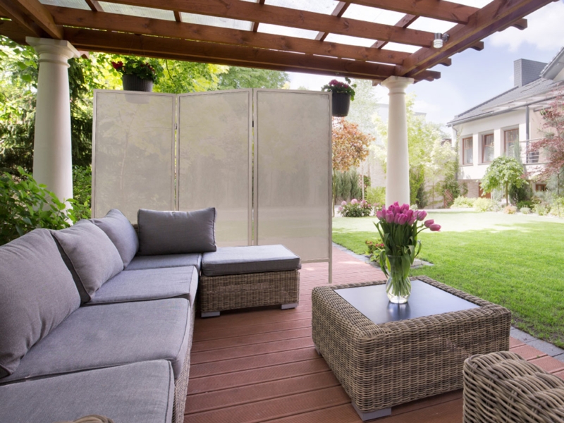 Folding Privacy Screen with Translucent Panels on Patio Deck