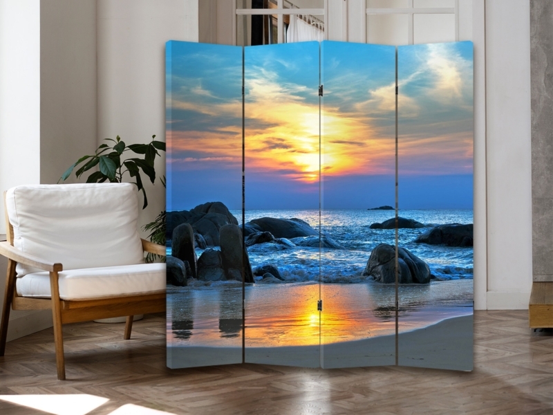 Folding Room Divider Beach Sunset Print Vibrant Coastal Privacy Screen