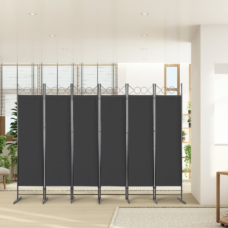 Folding Room Divider Black 6-Panel Screen Decorative Ring Accents