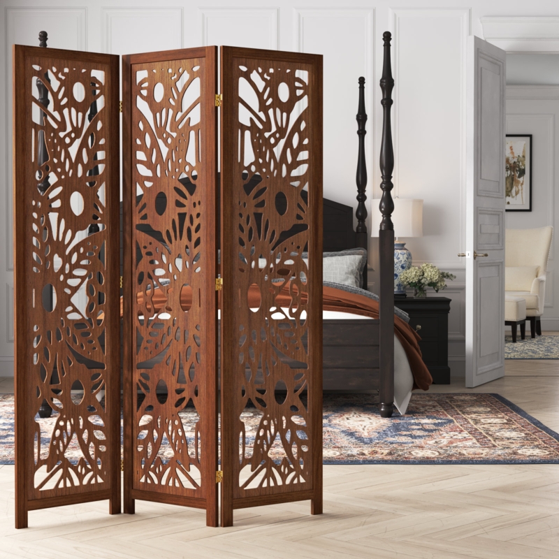 Folding Room Divider Botanical Pattern Wood Intricate Cutout Screen