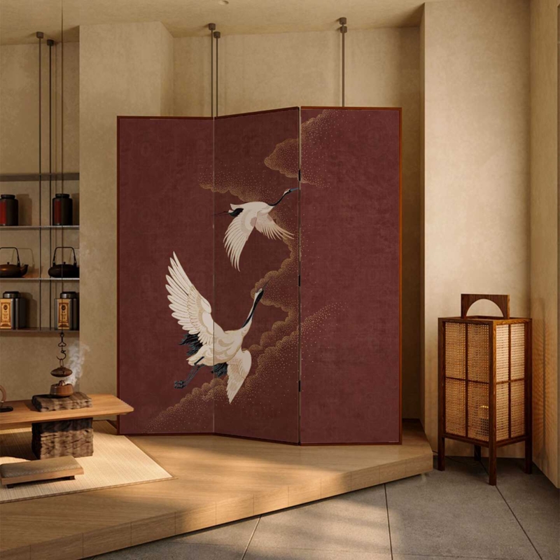 Folding Room Divider, Burgundy Crane Illustration Japandi Style Screen