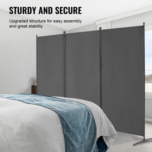 Folding Room Divider Charcoal Fabric 3 Panel Screen with Curved Feet