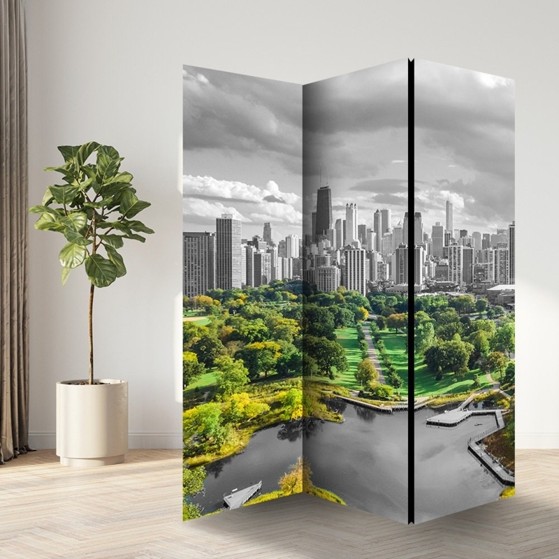 Folding Room Divider City Park Print with Split Color Scheme