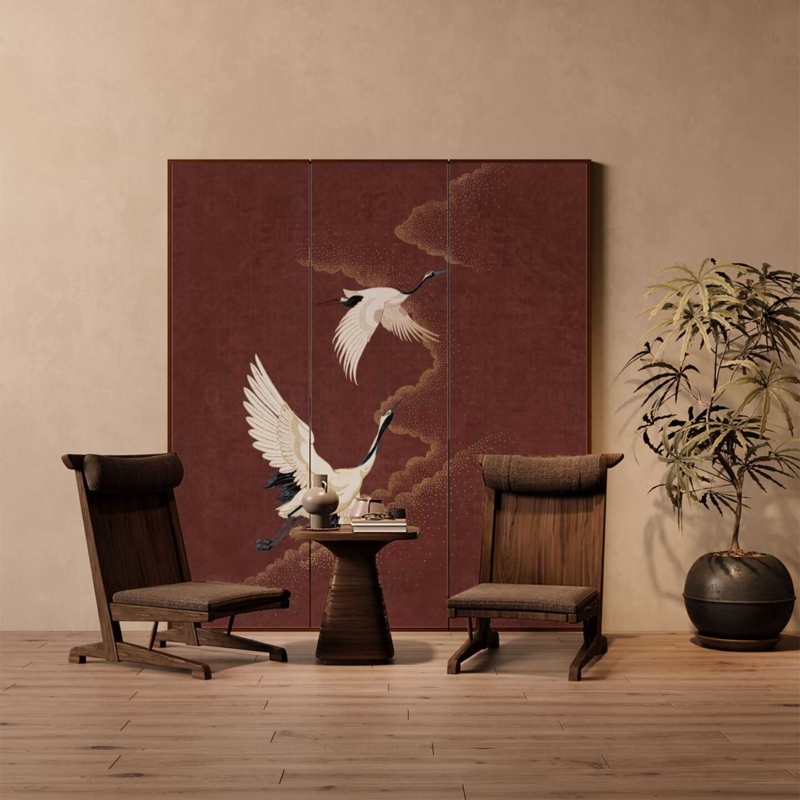 Folding Room Divider, Deep Red Crane Motif Zen Style Privacy Screen