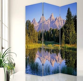 Folding Room Divider Featuring Mountain Peak Print and Lake Reflection