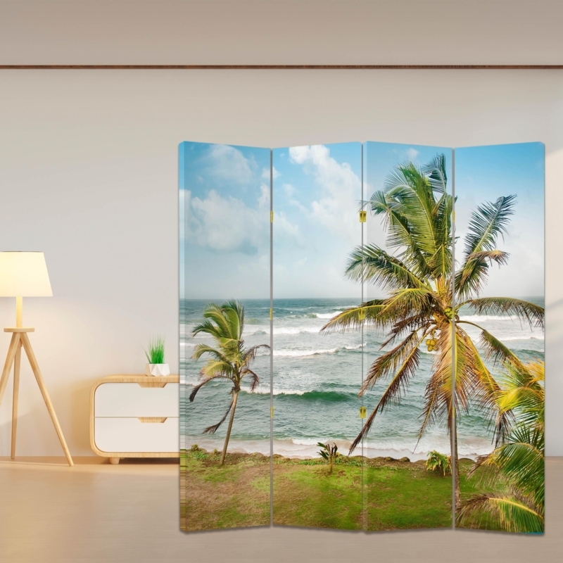 Folding Room Divider Vibrant Coastal Print Four-Panel Tropical Screen