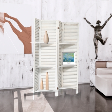 Folding Room Divider Whitewashed Louvered Panels Integrated Shelves Coastal