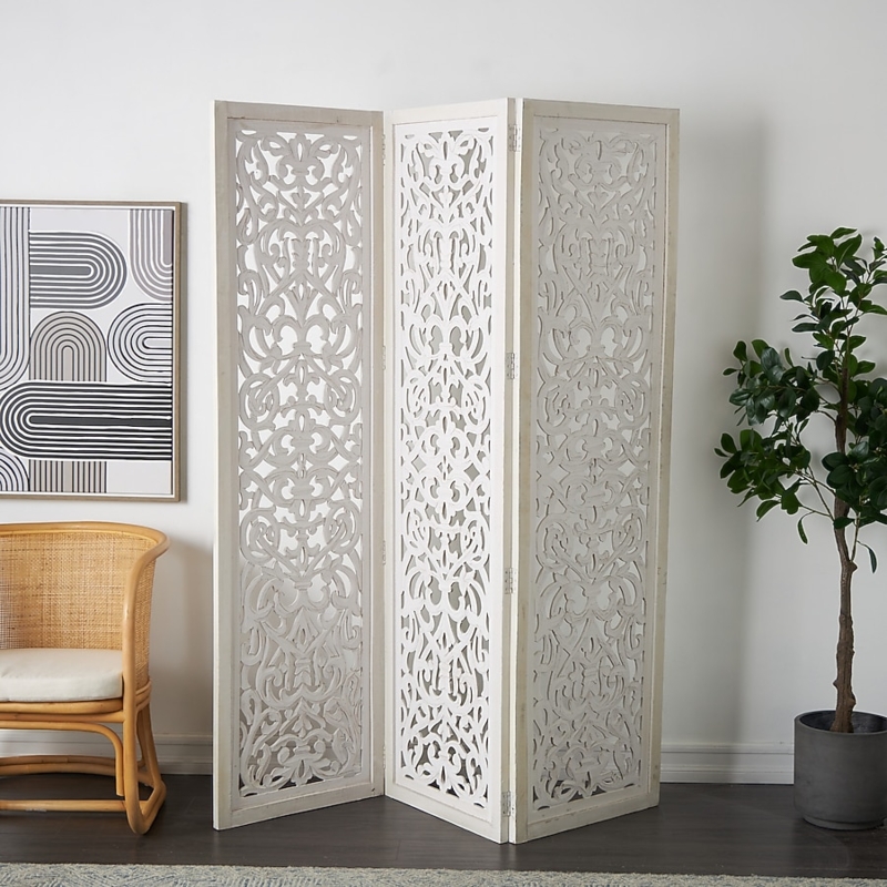 Folding Room Divider Whitewashed Wood Intricate Scrollwork Cutout Boho
