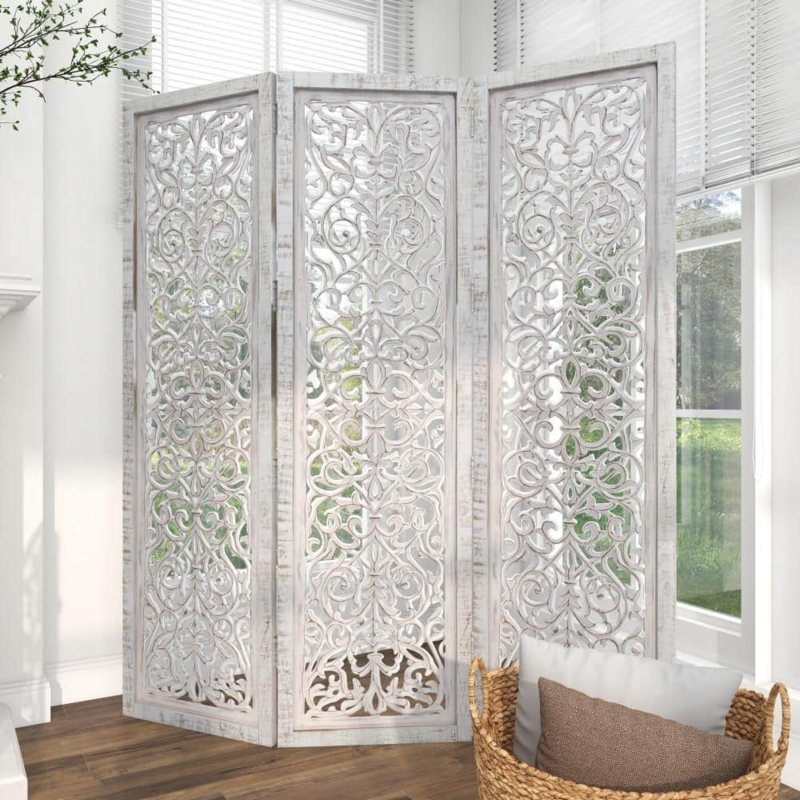 Folding Room Divider Whitewashed Wood Pierced Floral Carving Shabby Chic