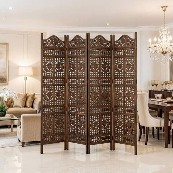Folding Room Divider with Sun Moon Carvings, Dark Brown 4-Panel Screen