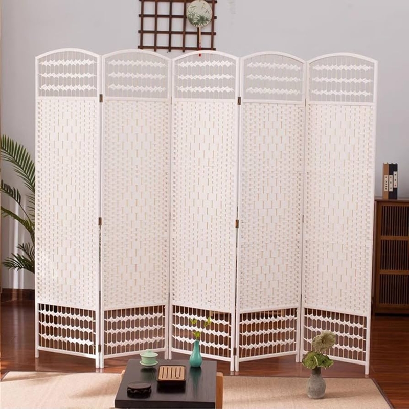 Folding Room Divider Woven Fiber Arched Top 5 Panel Lattice Screen
