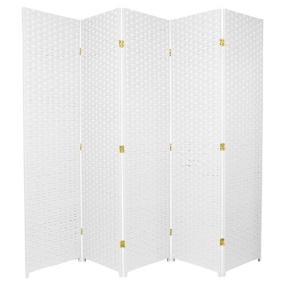 Folding Room Divider Woven Fiber Basketweave 5 Panel Gold Hinges