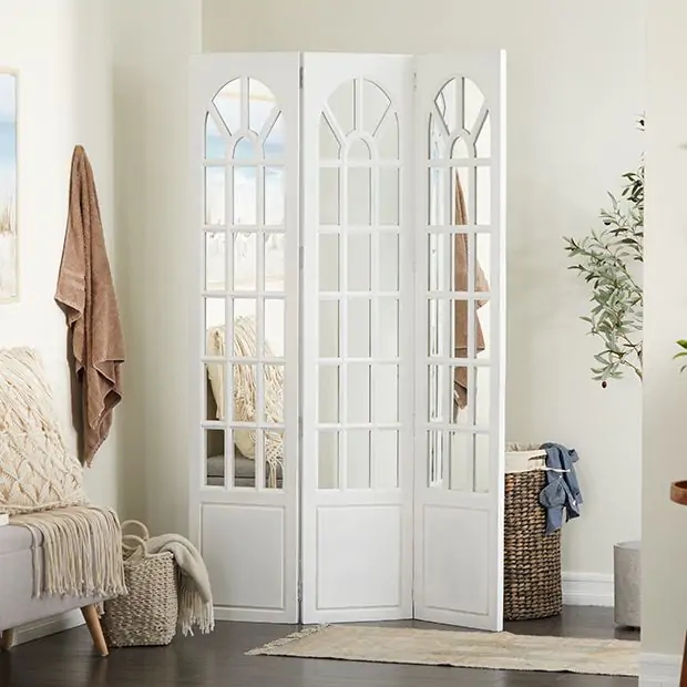 Folding Screen Arched Mirror Windowpane Design, French Country Divider
