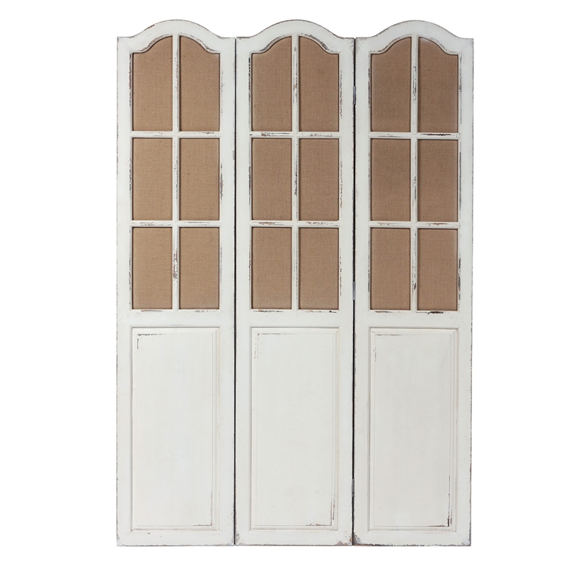 Folding Screen Arched Windowpane Burlap Insets, Farmhouse Privacy
