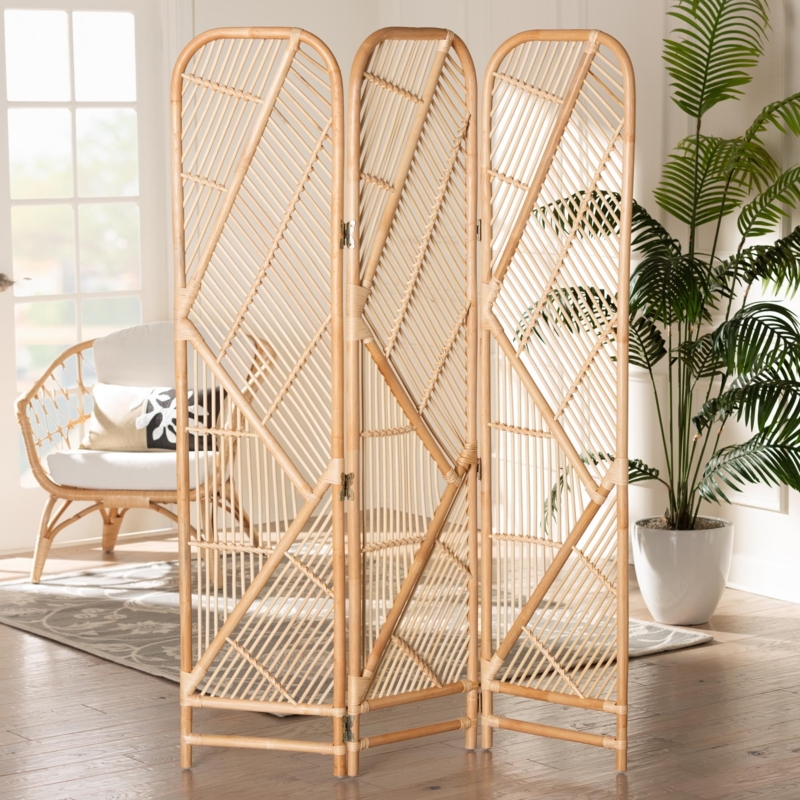 Folding Screen Chevron Rattan Slats Arched Top Natural Honey Tone