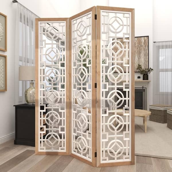 Folding Screen Decorative Geometric Fretwork, Two-Tone Farmhouse Divider