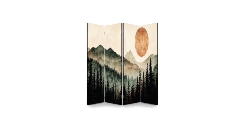 Folding Screen Divider with Watercolor Mountain Print and Orange Sun
