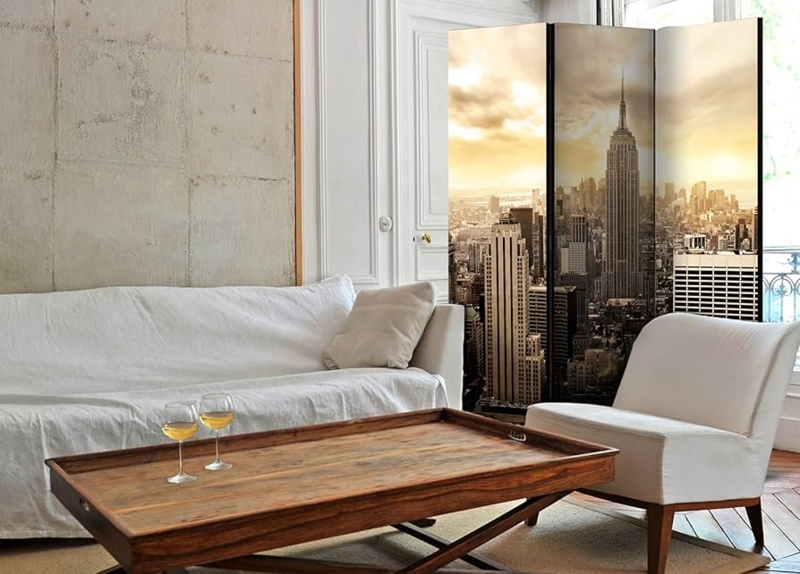 Folding Screen NYC Skyline Graphic Sepia Toned Art Three Panel