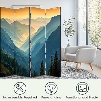 Folding Screen Partition with Misty Sierra Mountain Print and Amber Sky