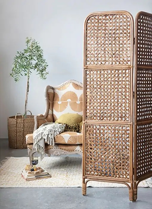 Folding Screen Rattan Cane Webbing Panels, Arched Top Bohemian Divider