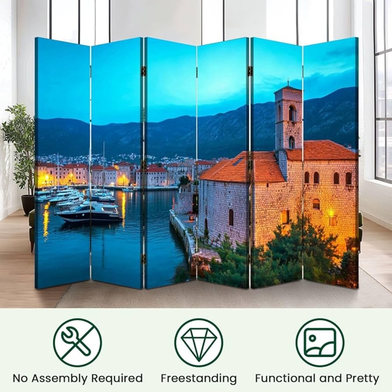 Folding Screen Six Panel Mediterranean Harbor Scene Coastal Style