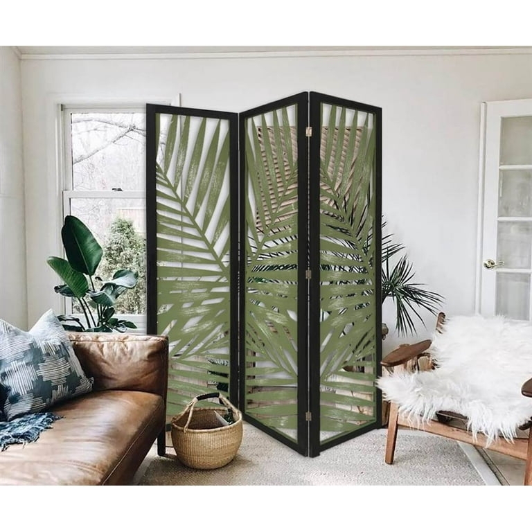 Folding Screen Tropical Leaf Cutout Black Wood Frame