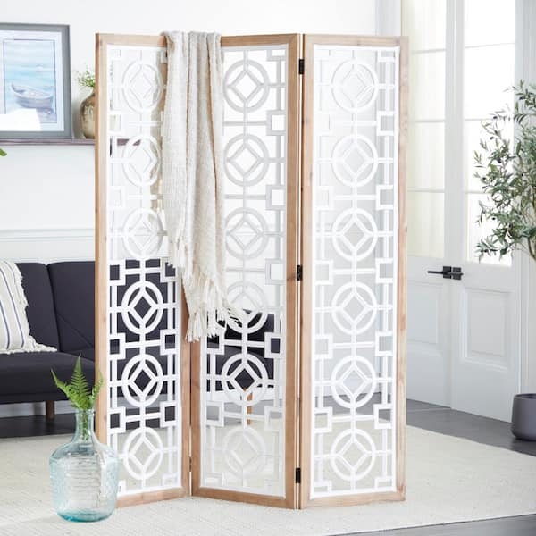 Folding Screen Two-Tone Wood Frame with White Geometric Fretwork Divider