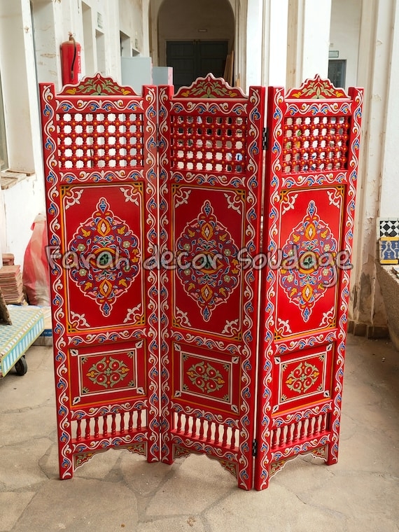 Folding Screen, Vibrant Red Moroccan Hand Painted Spindle Lattice