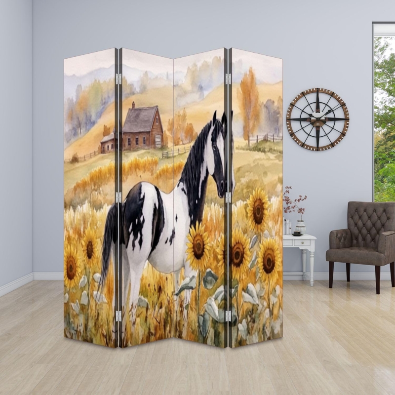 Folding Screen Watercolor Pinto Horse Mural, Sunflower Farmhouse Divider