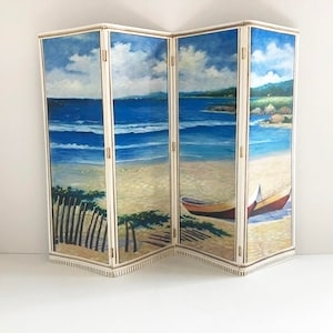 Folding Screen with Bottom Fringe Trim. Coastal Beach Landscape Mural.