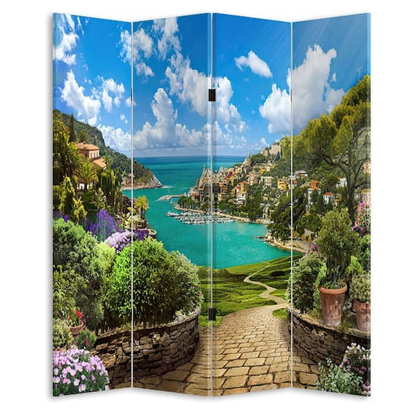 Folding Screen with Coastal Village Print. Mediterranean Scenic Divider.