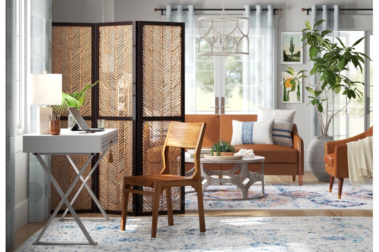 Folding Screen with Dark Wood Frame. Woven Chevron Pattern Partition.