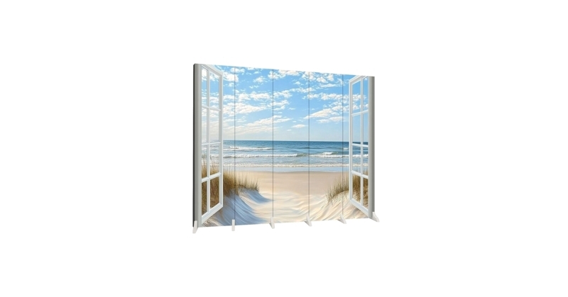 Folding Screen with Faux Window Print. 5-Panel Beach Scene Divider.