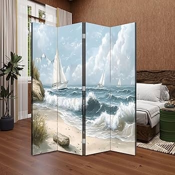 Folding Screen with Panoramic Coastal Mural. 4-Panel Canvas Partition.