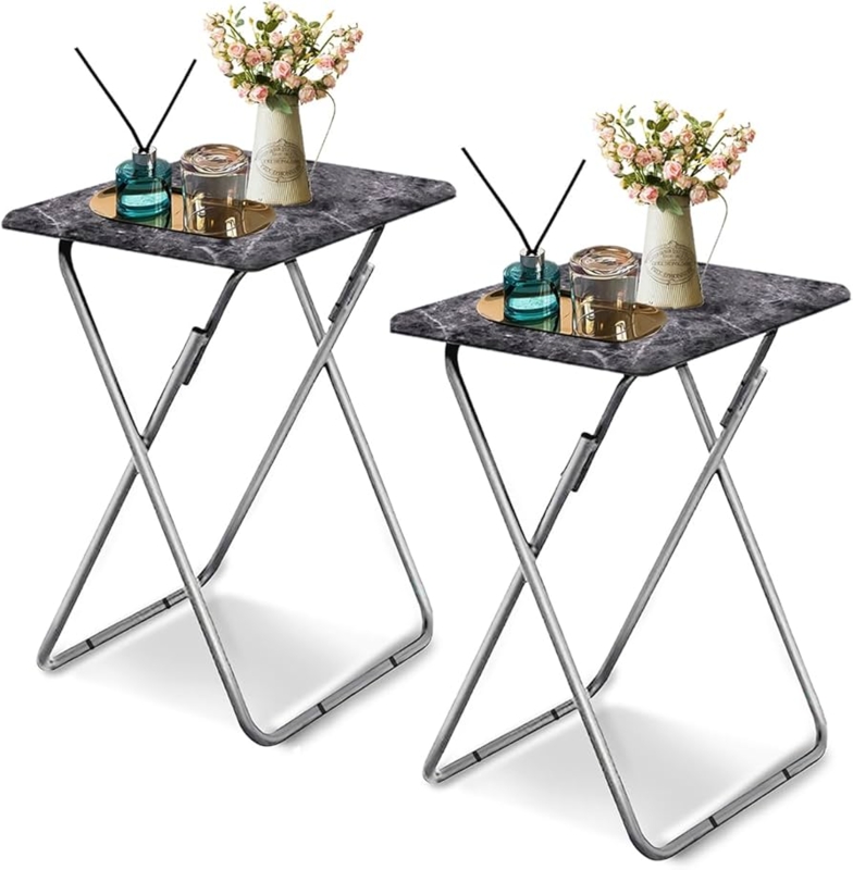 Folding Tray Table Set of 2 Black Marble Pattern Top Matte Finish