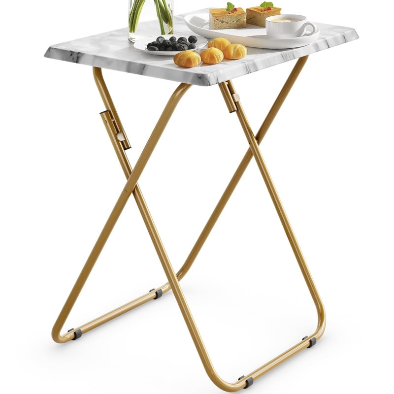 Folding Tray Table White Marble Pattern Black Metal Legs Modern