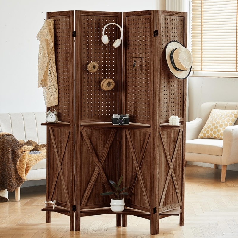Folding Wood Room Divider with Pegboard Panels and Integrated Shelves