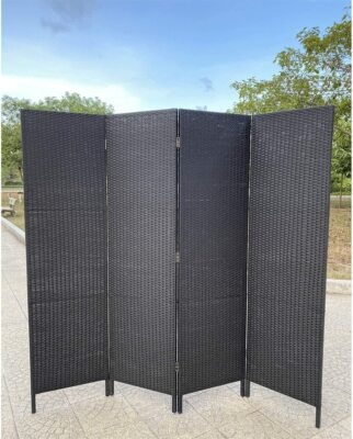Folding Woven Resin Wicker Privacy Screen in Charcoal Black
