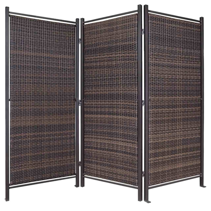 Folding Woven Wicker Privacy Screen in Black Metal Frame