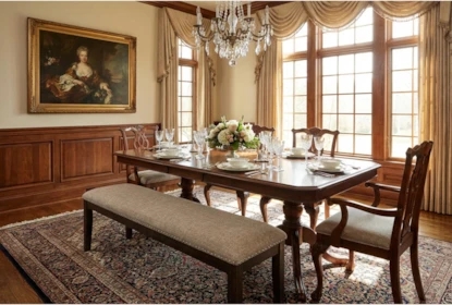 Formal Espresso Dining Bench with Linen-Like Upholstery
