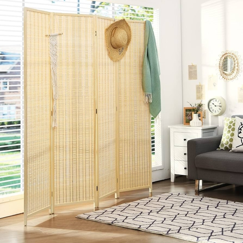 Four Panel Folding Partition Woven Bamboo Style Light Wood Frame